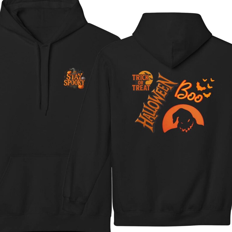 May include: A black hooded sweatshirt featuring a small graphic on the front chest with the text "STAY SPOOKY" and pumpkins. The back displays a large orange graphic with the text "TRICK OR TREAT", "HALLOWEEN", and "Boo" alongside bats and a character silhouette.