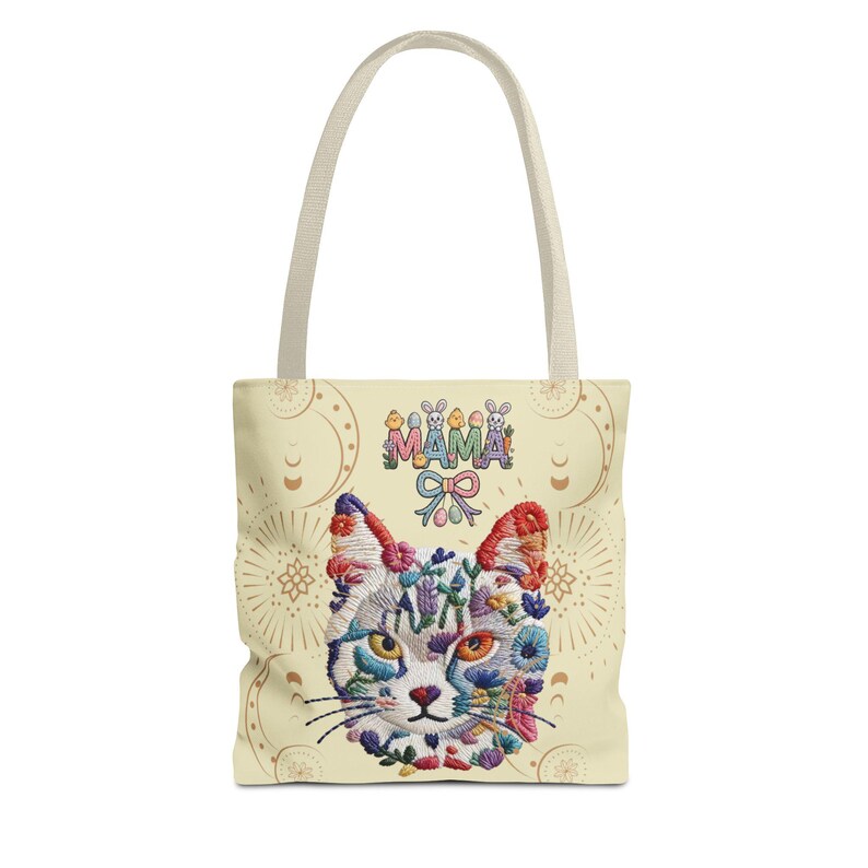 Floral Cat Face mama Tote Bag | Colorful Embroidered Style Animal Print image 7