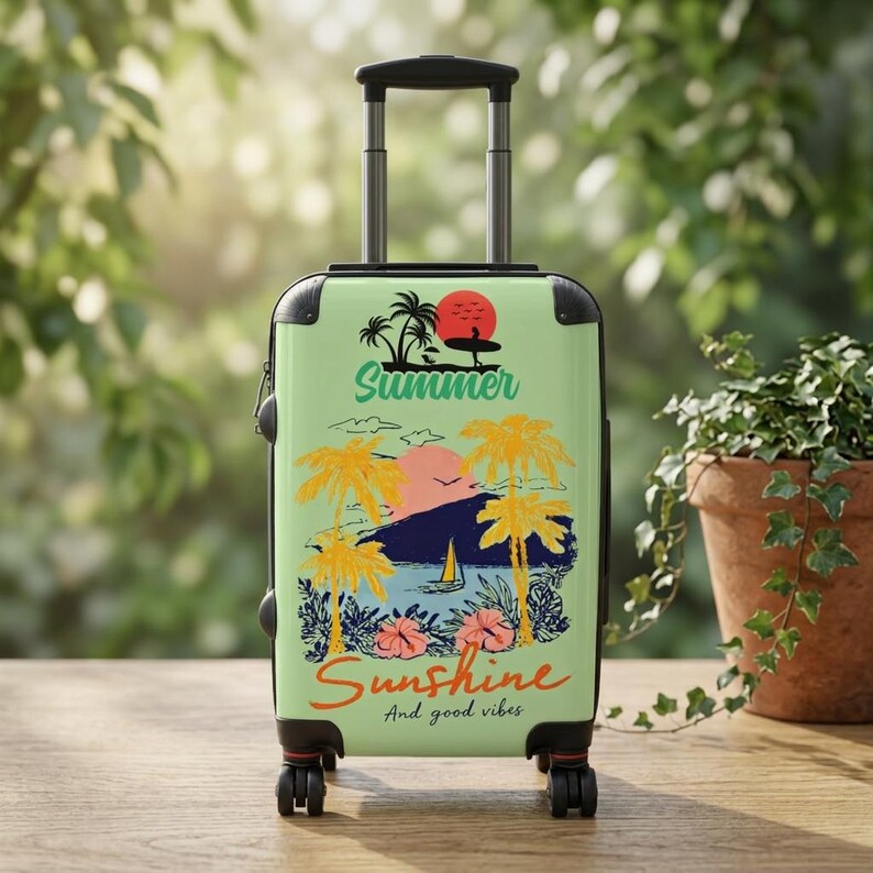 Summer Sunshine beach scene Suitcase | tropical palm trees, sailboat, retro sunset image 1
