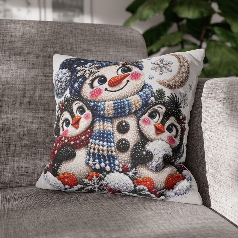 Kerstsneeuwpop met pinguïns kussensloop | Kerstdecoratie voor thuis afbeelding 8