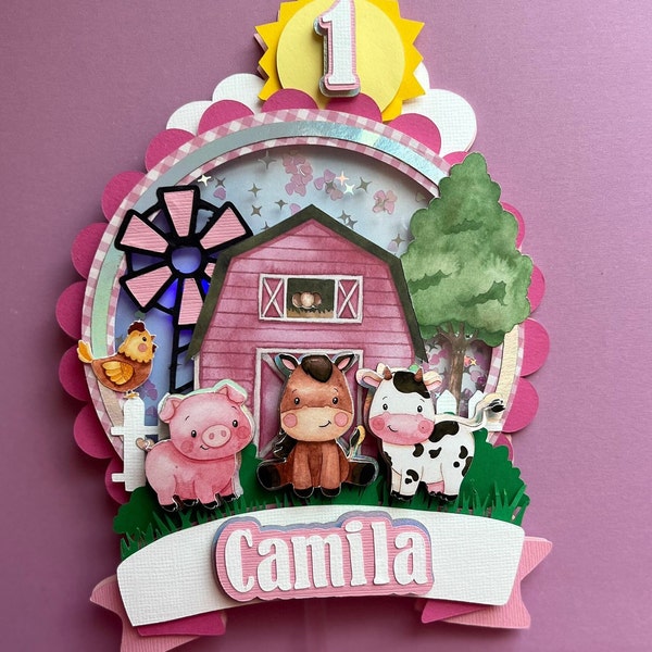 Farm Cake Topper, Cute Farm Cake Topper Pink Farm Cake Topper Farm Party Decor Farm Birthday Party Barn Yard Cake Topper Animal Cake Topper