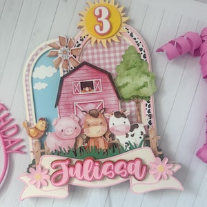 Pink Farm Cake Topper: Barnyard Animal Party Decor