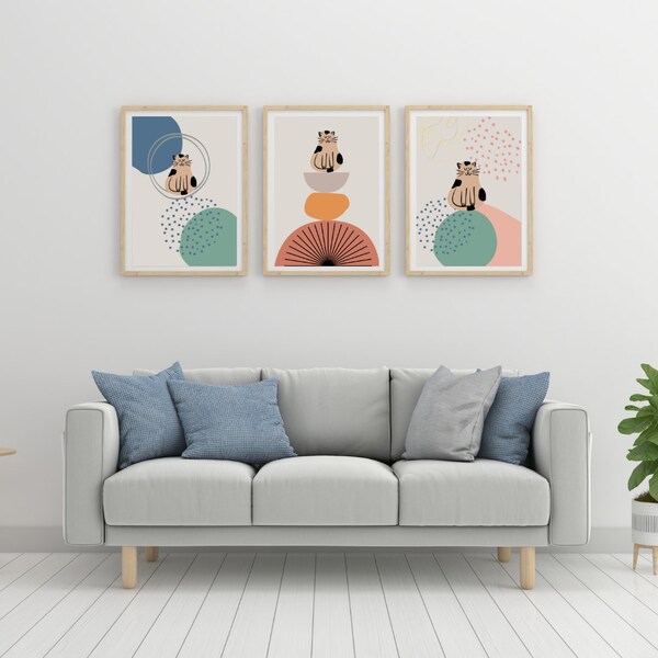 Impresiones de arte  conjunto de 3, decoración de arte de pared moderna neutra, estilo bohemio descarga digital, arte estilo boho abstracto