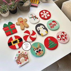 Punch Needle Christmas Coaster, Handmade Winter Holiday Xmas Gift, Cute Embroidered New Year Gift Mug Rug, Y2K Unique Kawaii Christmas Decor