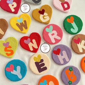 Personalized Handmade Letter Coaster Mug Rug, Colorful New Home Gift Drink Mat, Kawaii heart initial designs, Modern Minimal Love Decor Gift