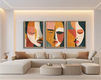 Ensemble d'art mural imprimable art mural bohème de 3 impressions visages abstraits bohèmes impressions numériques minimaliste art bohème moderne du milieu du siècle décoration d'intérieur