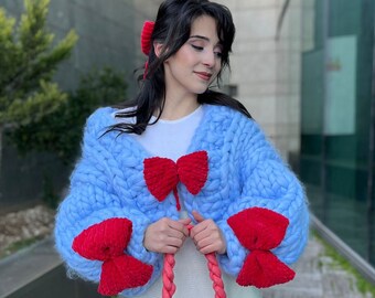 Bow Cardigan, Chunky Knit Cardigan, Cardigan With Ribbon, Oversized Chunky Cardigan, Harajuku Style, Valentine’s Day Gift For Her