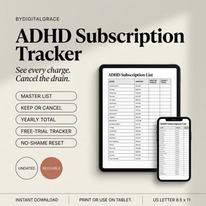 以下が含まれることがあります： タブレットとスマートフォンに表示されたADHDサブスクリプション管理用デジタルテンプレート。マスターリスト、継続・解約、年間合計、無料トライアル追跡、リセット機能が含まれています。ドキュメントサイズは21.59 x 27.94 cmです。