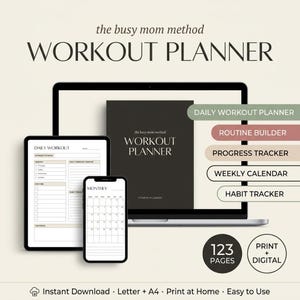 Op de afbeelding: Een digitale workoutplanner-set met een laptop, tablet en smartphone die pagina's weergeven met de titels The Busy Mom Method Workout Planner, Daily Workout en Monthly. Bevat labels voor Daily Workout Planner, Routine Builder, Progress Tracker, Weekly Calendar en Habit Tracker, plus 123 pagina's, print- en digitale opties.