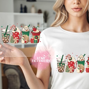 Druckfertig HTV Transfer, Weihnachtskaffee Zuckerstange Transfer, Designs für Urlaub, Pfefferminz Kaffee Transfer, Schneemann Iced Latte, Niedlich