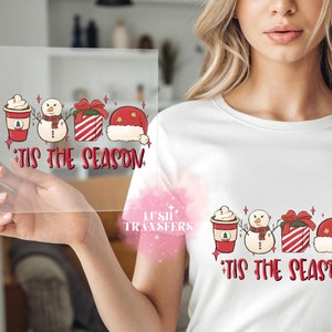 Bereit zum Pressen HTV Transfer, Feiertagskaffee, Tis The Season Christmas Heat Press Transfer, Schneemann und Geschenke, Pfefferminz Mokka Latte