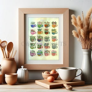 Druckbares Geschenk Paket - Handgemalte Aquarell Malerei - Teetasse Pflanze Kunstdruck - Sofortiger Digitaler Kunstdruck - Grußkarten und Tags Set