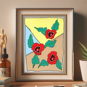 Pack cadeau imprimable - Peinture acrylique peinte à la main - Coquelicots rétro - Impression d'art numérique instantanée - Ensemble de cartes de voeux et d'étiquettes