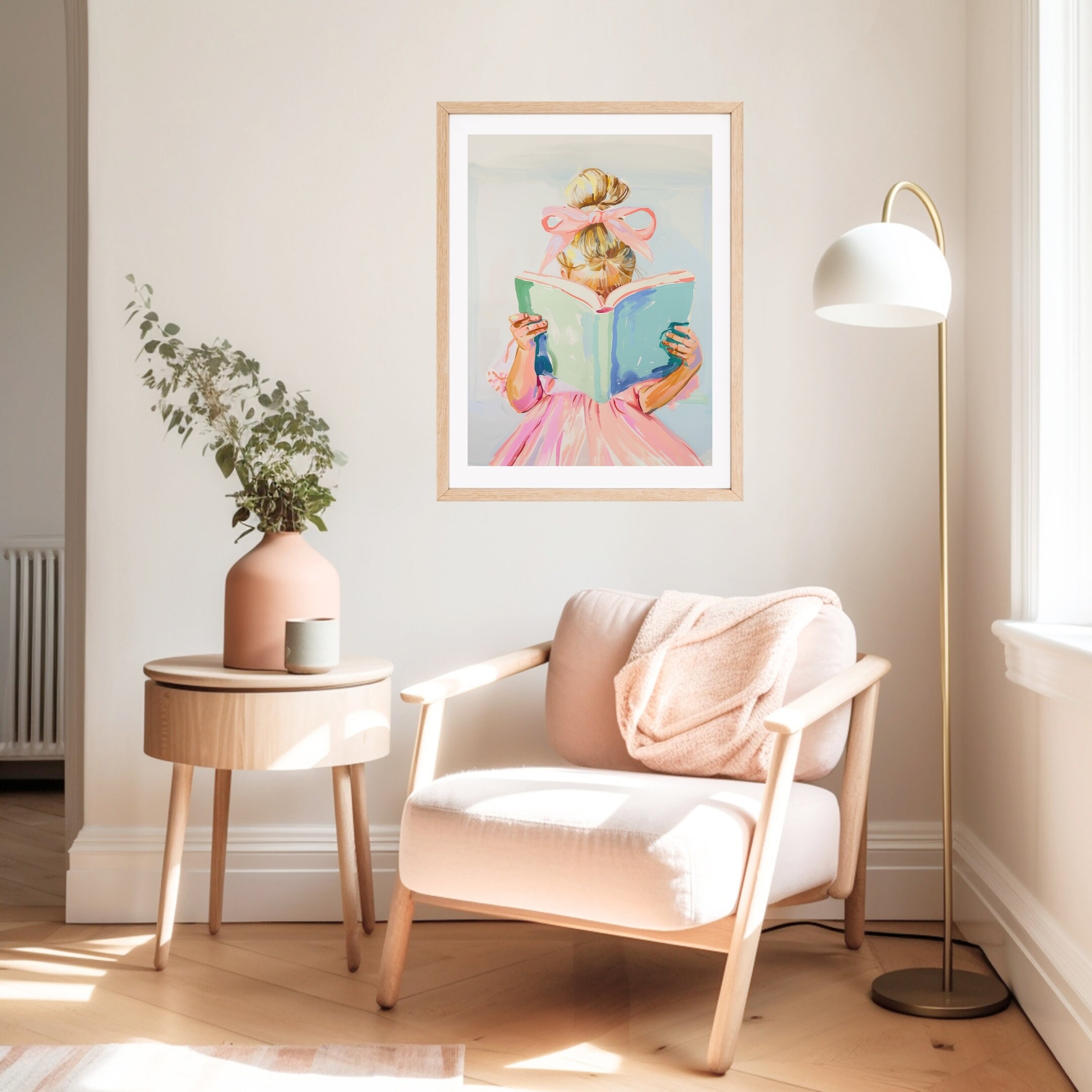 Stampa artistica da parete con mongolfiera rosa e fiocco rosa, modello verticale, decorazione per cameretta, per bambina, stampa artistica con palloncino Coquette, rosa cipria pastello - Italia