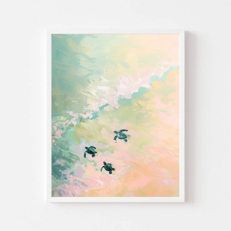 Puede incluir: Una pintura de tres tortugas marinas nadando en un oc&eacute;ano turquesa y rosa. Las tortugas est&aacute;n silueteados contra el agua y el cielo, creando una escena pac&iacute;fica y serena.
