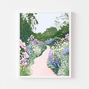 Pastel Garden Path Painting | Flower Landscape Wall Art Print | Colorful Floral Scenery Digital Download | Wildflower Meadow Walk Printable