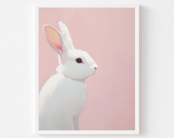 White Bunny Portrait Art Print: Pink Pastel Spring Nursery Decor (Printable Digital Download)