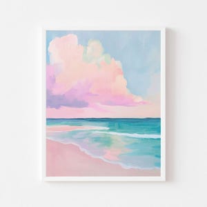 Paisaje marino con puesta de sol en el océano en colores pastel / Cuadro imprimible costero rosa / Impresión de arte de pared de casa de playa para habitación de niña / Descarga digital de costa de verano