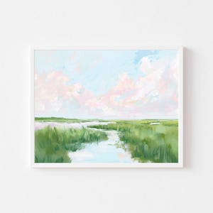 Peinture de paysage de marais côtier | Art mural pastel Lowcountry | Aquarelle de maison de plage imprimable | Rose Carolina Sky en téléchargement numérique