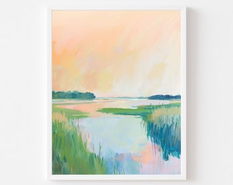 Watercolor Marsh Sunset Landscape Painting | Carolina Lowcountry Wall Art Print | Pastel Coastal Printable | Beach House Digital Download