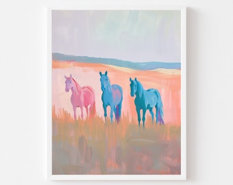Puede incluir: Una pintura de tres caballos de pie en un campo. Los caballos están pintados en tonos de rosa y azul sobre un fondo de colores pastel suaves.