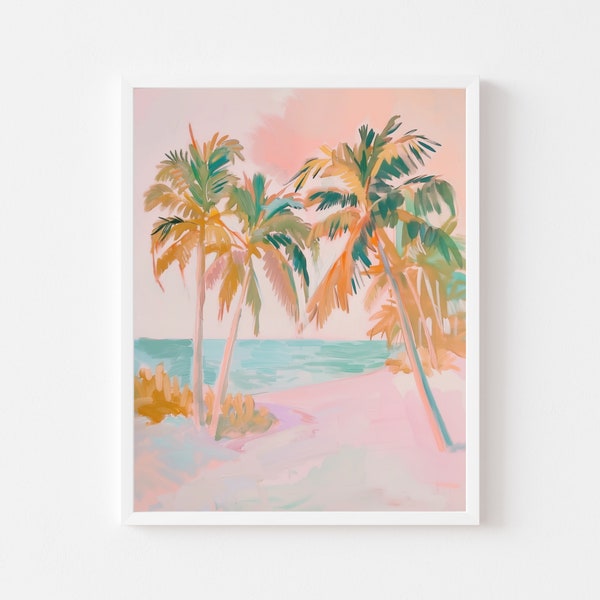 Pastel Palm Tree Painting | Tropical Coastal Summer Wall Art Print | Colorful Beach House Digital Download | Trendy Girly Printable Gift