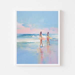 Surferki – pastelowy obraz: wydruk artystyczny Beach House (pobranie cyfrowe)