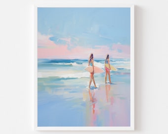 Surfer Girls Pastel Painting: Beach House Art Print (Digital Download)