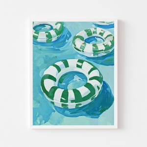 May include: An artistic painting of several green and white striped pool floats floating in a pool of water. The water is painted in shades of blue and green, with the floats casting shadows.