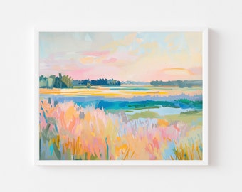 Colorful Abstract Landscape Painting | Vibrant Pastel Field Wall Art Print | Whimsical Maximalist Printable | Spring Summer Digital Download