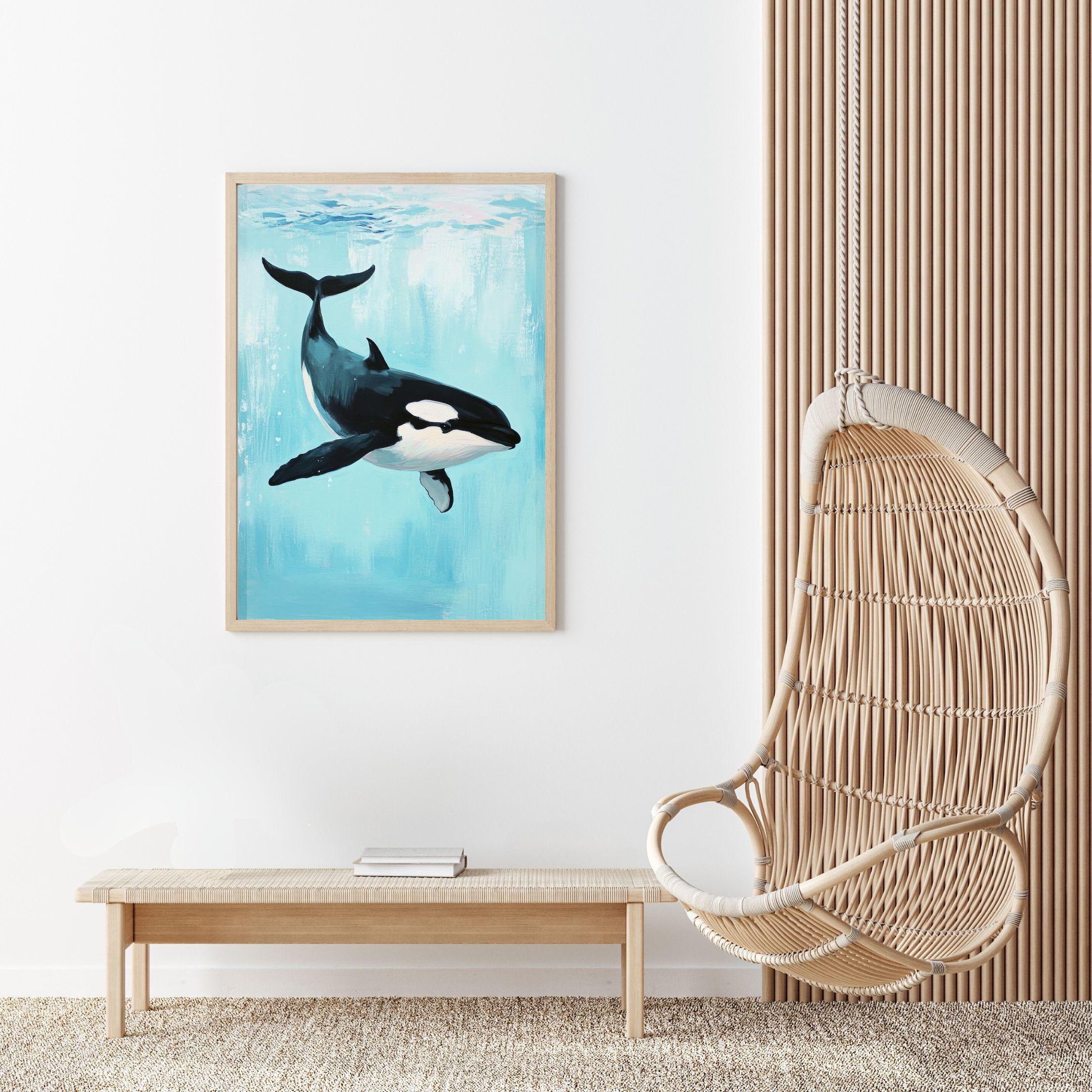 シャチの絵画：カラフルなクジラのアートプリント、海辺の子供部屋向け