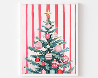 Red Striped Christmas Tree Art Print: Colorful Holiday Wall Decor (Printable Digital Download)