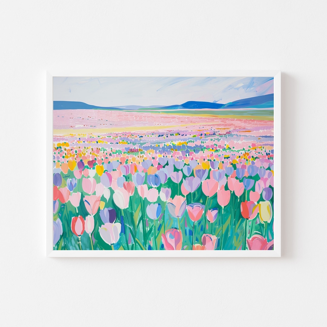 パステル画によるチューリップ畑の絵画：春の風景画（デジタル
