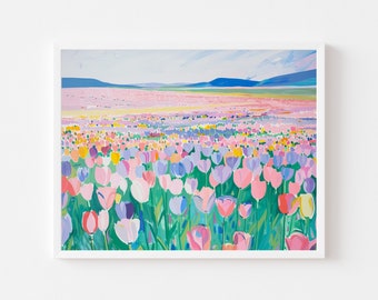 Pastel Tulip Field Painting: Spring Landscape Art (Digital Download)
