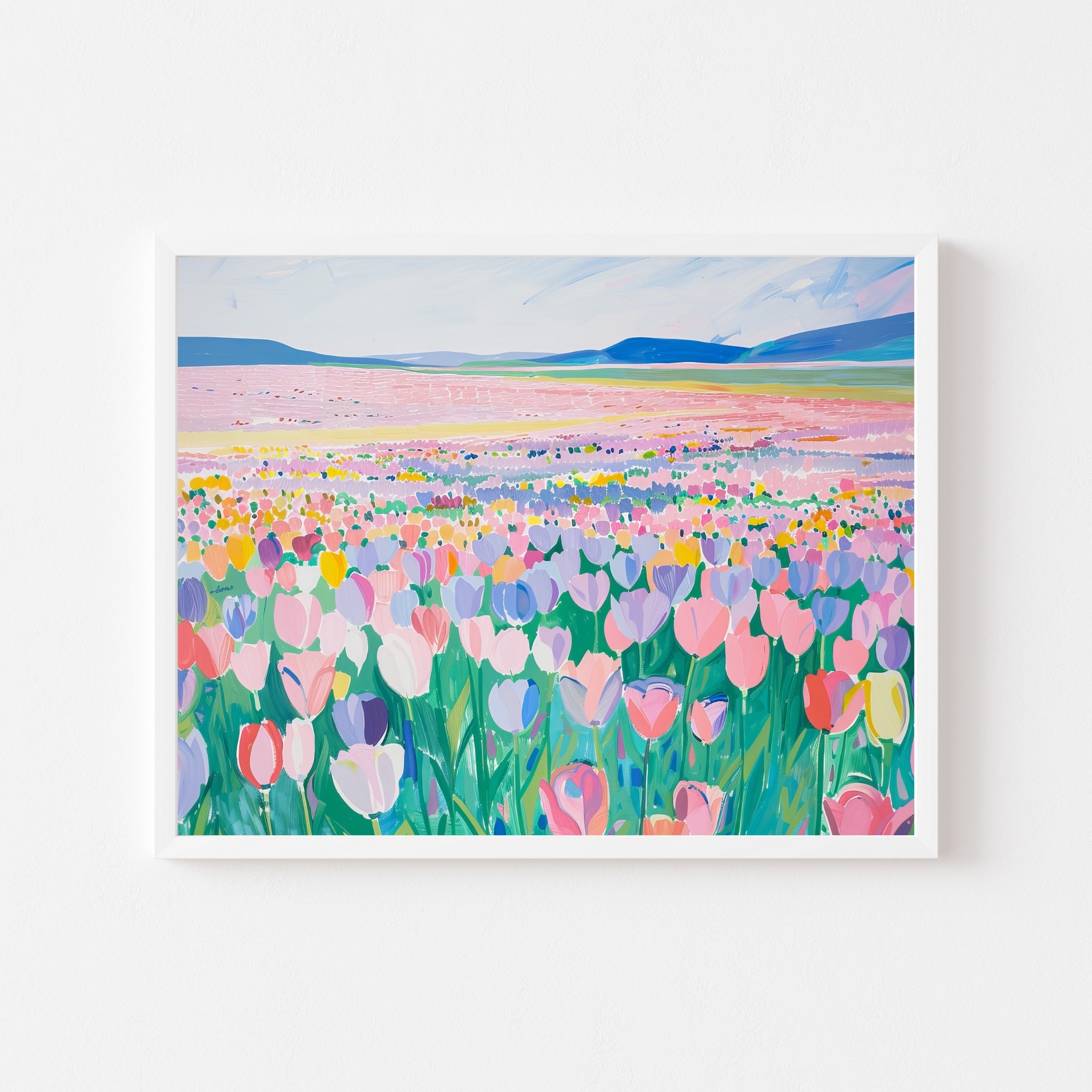 パステル画によるチューリップ畑の絵画：春の風景画（デジタル