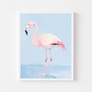 Portrait flamant rose | Impression d'art murale côtière d'été pastel | Peinture animalière Girly Beach House | Oiseau tropical imprimable en téléchargement numérique