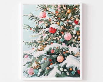 Christmas Tree with Ornaments Art Print: Classic Red and Green Holiday Decor (Digital Download)