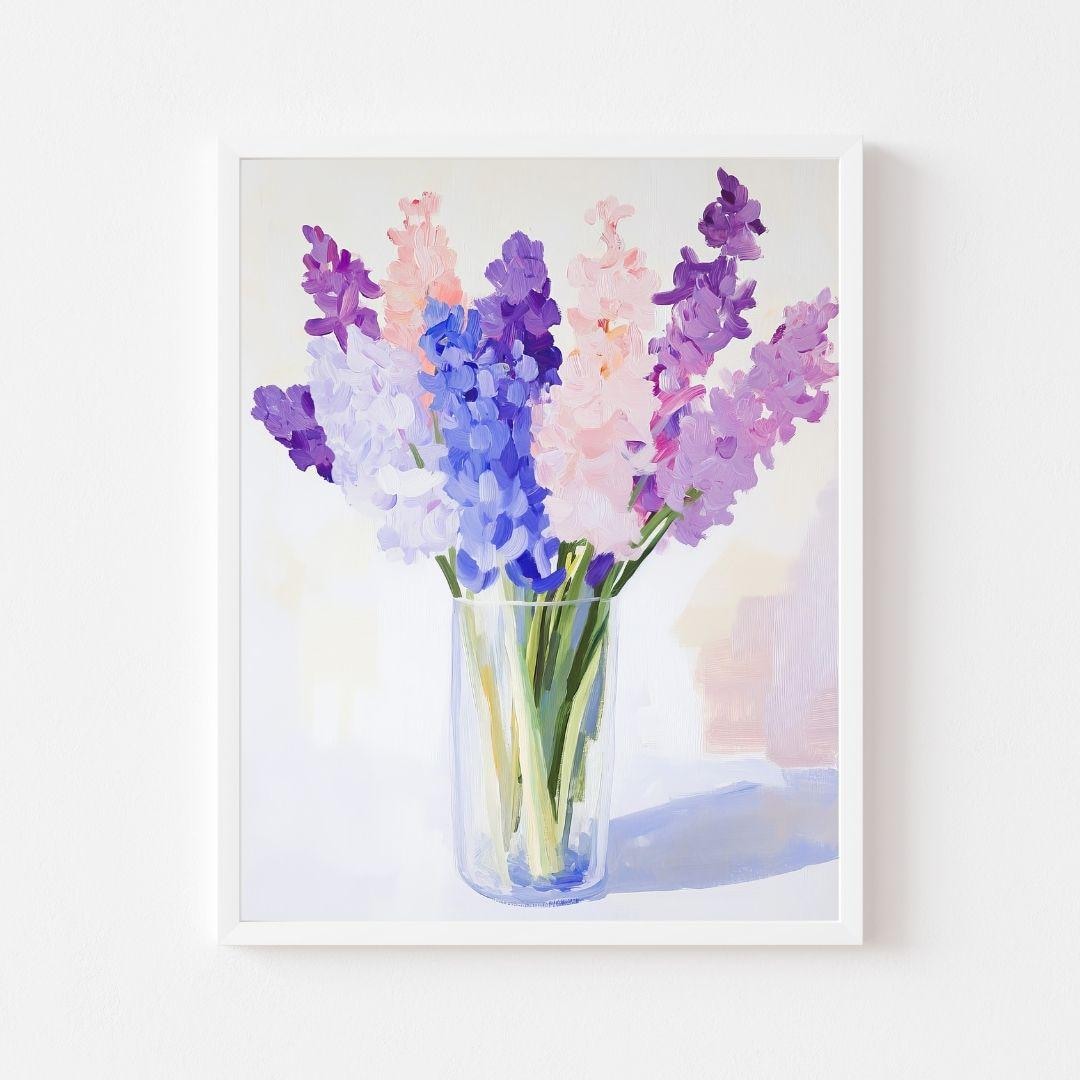 ヒヤシンスの花瓶の水彩画：春の花のアートプリント（デジタル