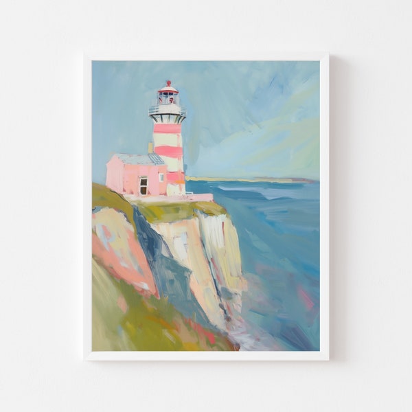 Peinture phare rose | Impression d'art mural estival côtier coloré | Téléchargement numérique de la maison de plage de la Nouvelle-Angleterre | Poster imprimable pastel Maine