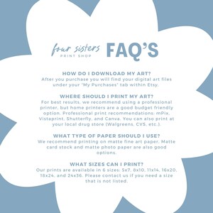 May include: A blue and white graphic with the text "four sisters print shop FAQ'S" and information about downloading, printing, and sizing art prints.