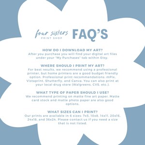 May include: A light blue and white floral design with the text "four sisters PRINT SHOP" and "FAQ'S". The text provides information on downloading, printing, and sizing digital art prints. The available sizes are 7x5, 10x8, 14x11, 20x16, 24x18, and 36x24 inches.
