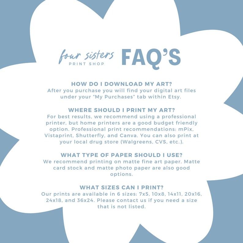 May include: A light blue and white floral design with the text "four sisters PRINT SHOP" and "FAQ'S". The text provides information on downloading, printing, and sizing digital art prints. The available sizes are 7x5, 10x8, 14x11, 20x16, 24x18, and 36x24 inches.