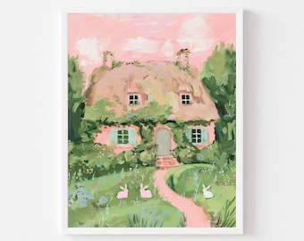 May include: A pink cottage with a thatched roof and green vines growing up the walls. The cottage has a small front porch with a green door and two windows. There are three pink rabbits sitting in the grass in front of the cottage.