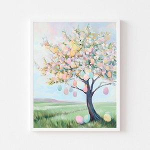 May include: A pastel-colored painting of a tree with colorful Easter eggs hanging from its branches. The tree is in a field with green grass and a blue sky in the background.