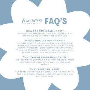 Puede incluir: Un gr&aacute;fico azul y blanco con el texto "four sisters print shop FAQ'S" e informaci&oacute;n sobre la descarga, impresi&oacute;n y el tama&ntilde;o de los archivos de arte digital.