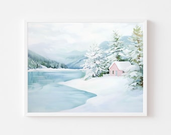 Pink Cabin Winter Lake Landscape Painting: Pastel Snowy River Wall Art Art (Digital Download)