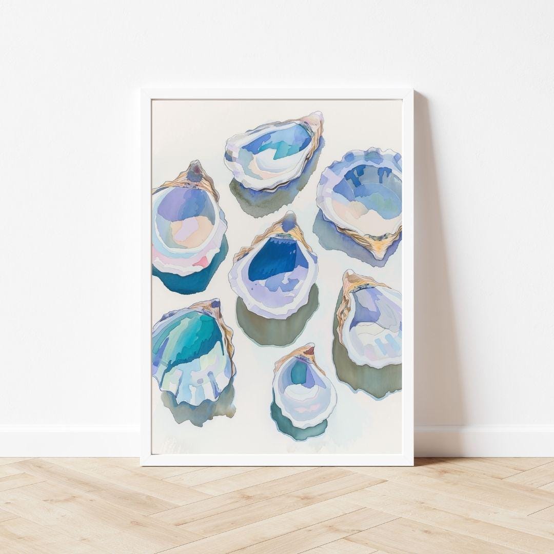 ブルーオイスターシェル水彩画：抽象的な海岸アート（デジタル