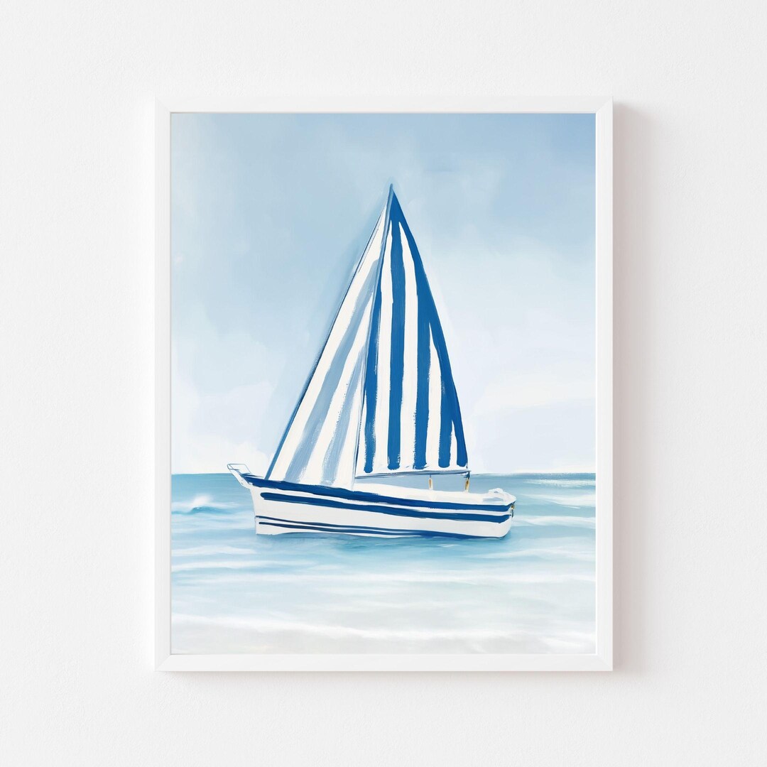 Blue Sailboat Print: Nautical Coastal Wall Art (printable Digital ...