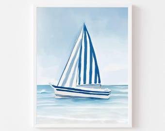 Blue Sailboat Print: Nautical Coastal Wall Art  (Printable Digital Download)