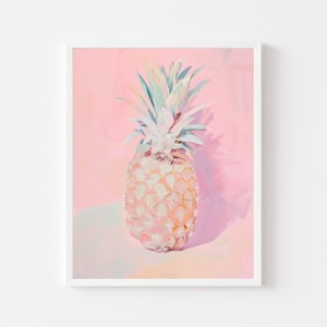 May include: A painting of a pineapple on a pink background. The pineapple is light yellow with a green top and is depicted in a realistic style.